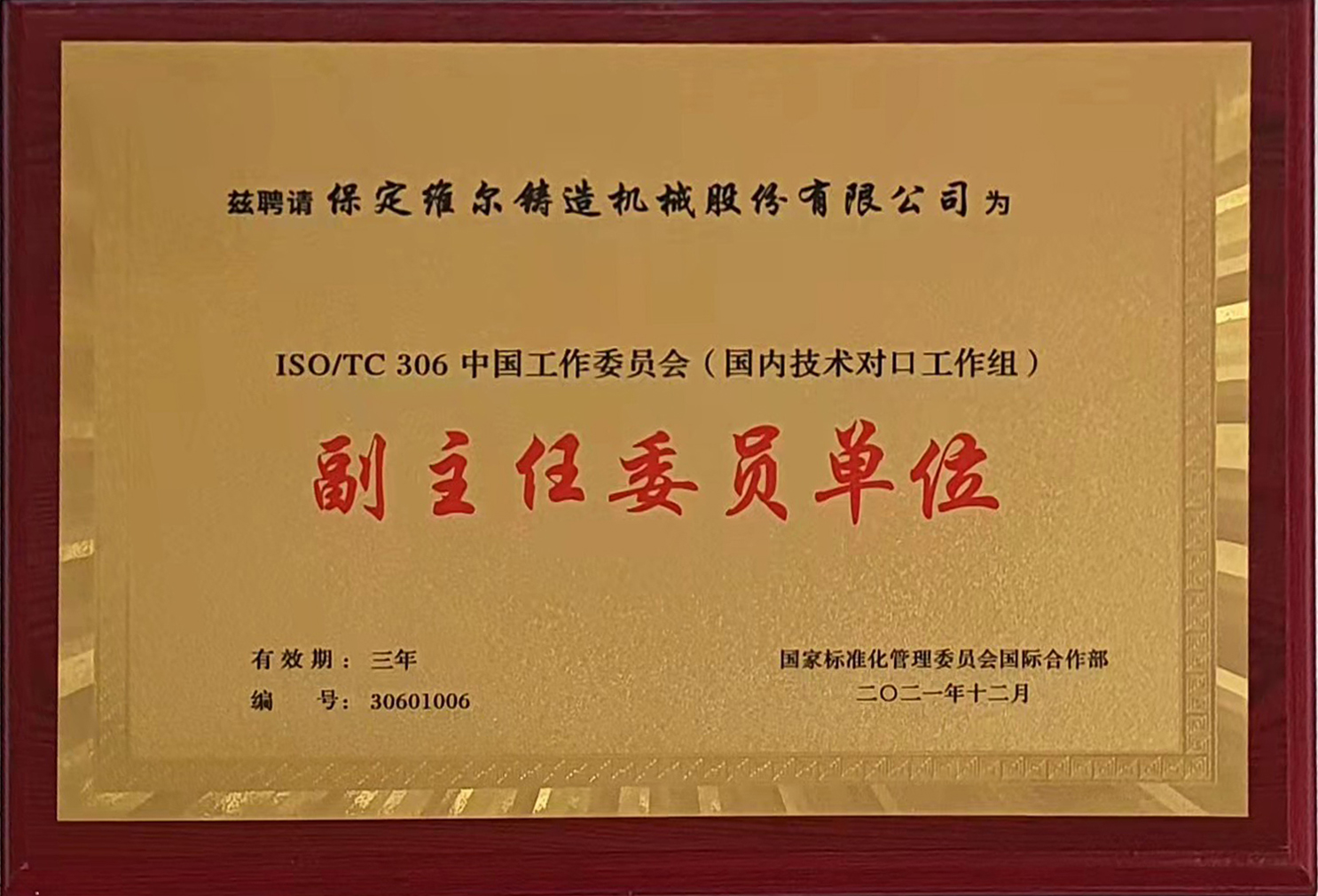 國際標(biāo)準(zhǔn)化組織鑄造機(jī)械技術(shù)委員會 (ISO/TC306)中國工作委員會副主任委員單位